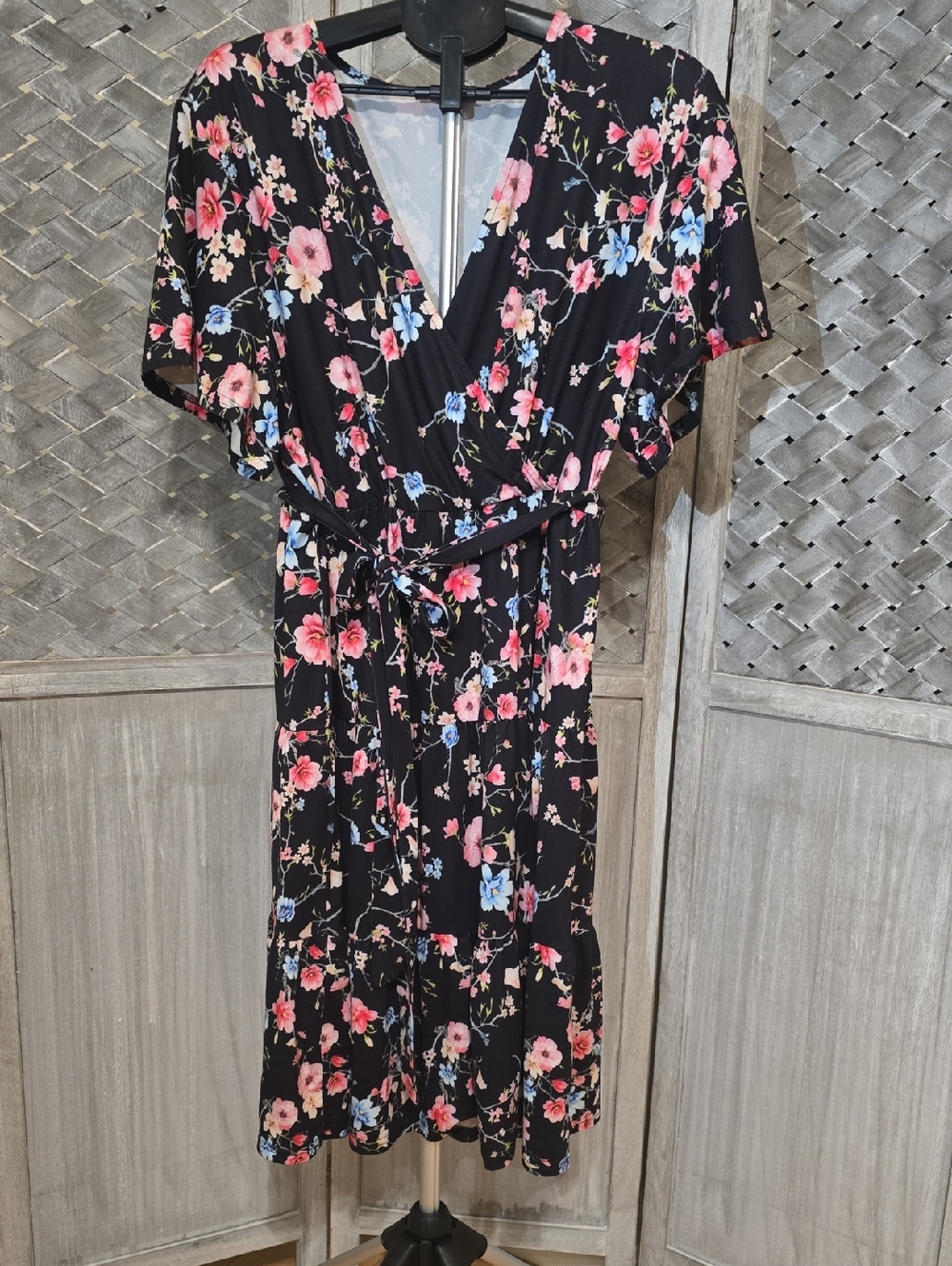 Black Floral Wrap Midi Dress with Pink & Blue Blooms and Tie Waist